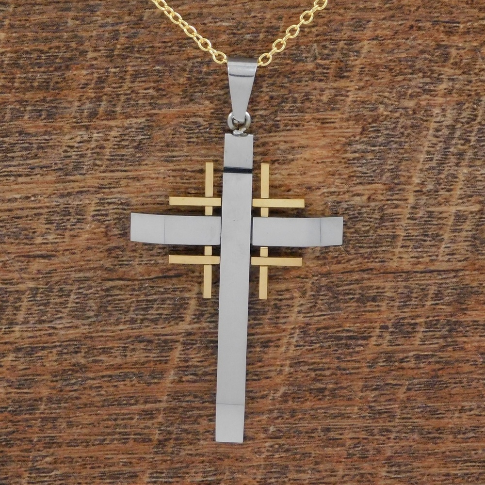 Men's Stainless & Gold Unique Cross Necklace
